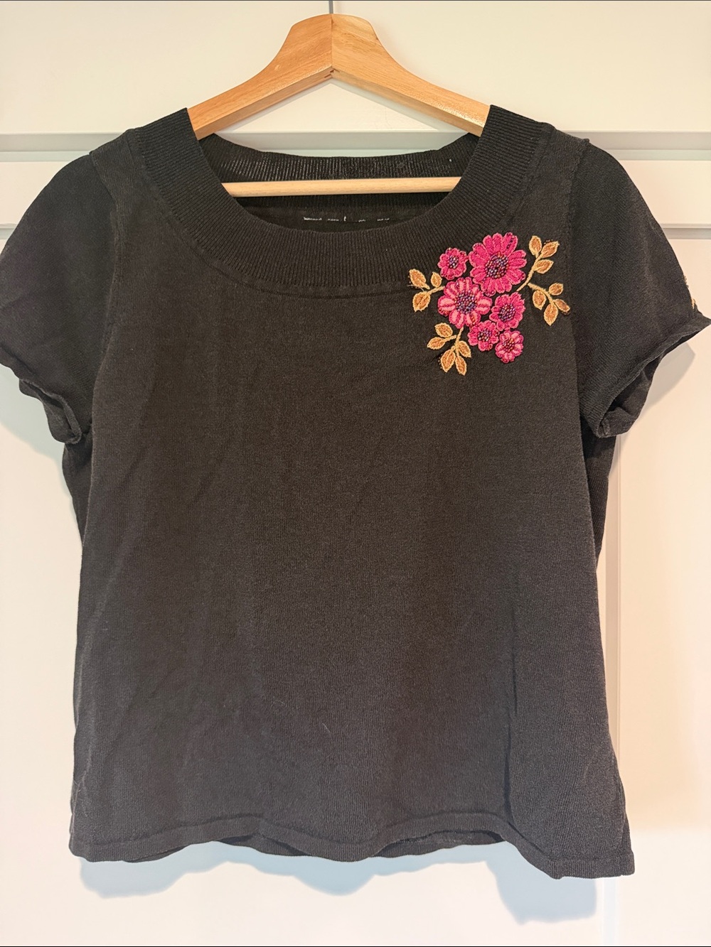 Emma James Black Short Sleeve Top with Pink Floral Embroidery